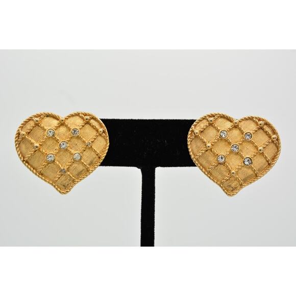Vintage Heart Earrings Rhinestone Crystal Gold Quilted Chunky Shiny 1990s BinH - Picture 1 of 12